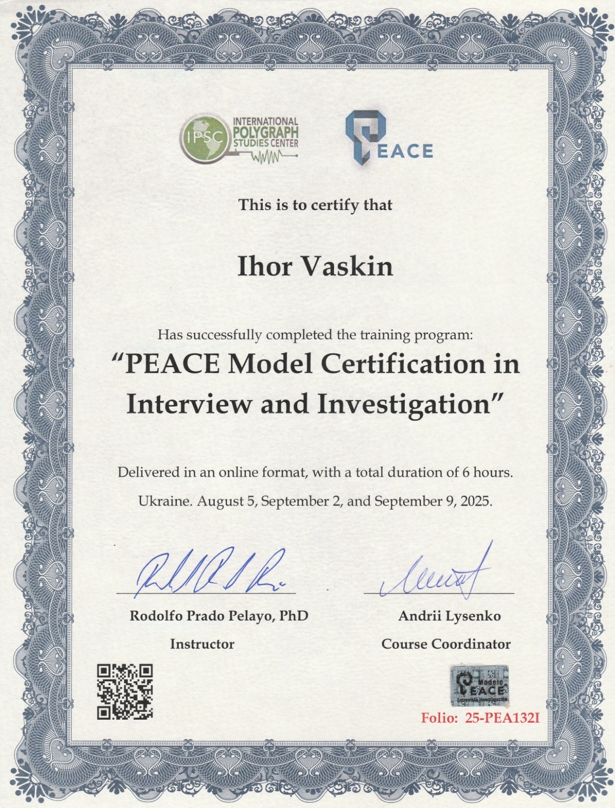 PEACE Model Certification, 2025