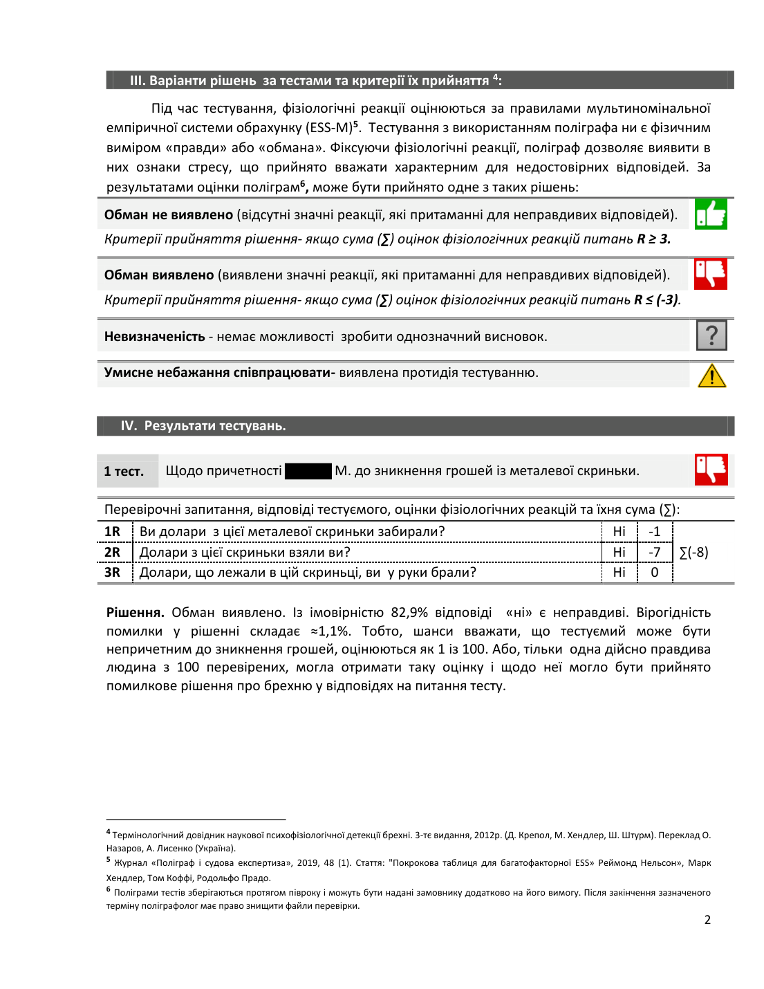 Зразок висновку поліграфолога — сторінка 2 (тести і точність)